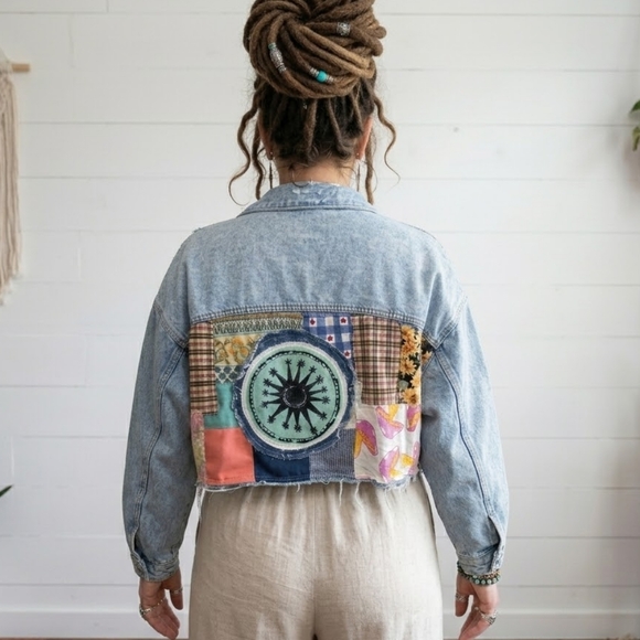 Jackets & Blazers - Upcycled Zara Patchwork Cropped Raw Hem Jean Jacket Size L